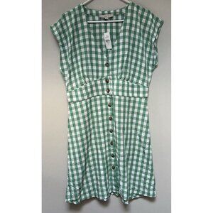 NWT LOFT Womens Fit Flare Full Button Dress Green Buffalo Check sz12